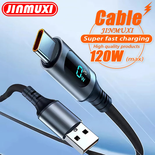 6A 120W USB A To Type C Super Fast Charge Cable Nylon Data Cord For Xiaomi Redmi POCO Samsung With Led Digital Display Cable
