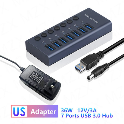 MZX USB A 3.0 Hub Aluminum Multi Ports Splitter Concentrator Quick PD Charger Power Adapter C Multiple Expander Hubs With Switch