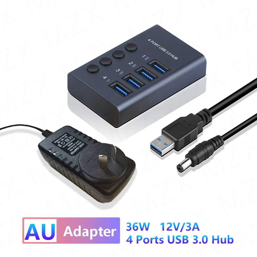 MZX USB A 3.0 Hub Aluminum Multi Ports Splitter Concentrator Quick PD Charger Power Adapter C Multiple Expander Hubs With Switch
