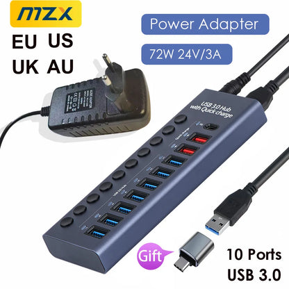 MZX USB A 3.0 Hub Aluminum Multi Ports Splitter Concentrator Quick PD Charger Power Adapter C Multiple Expander Hubs With Switch