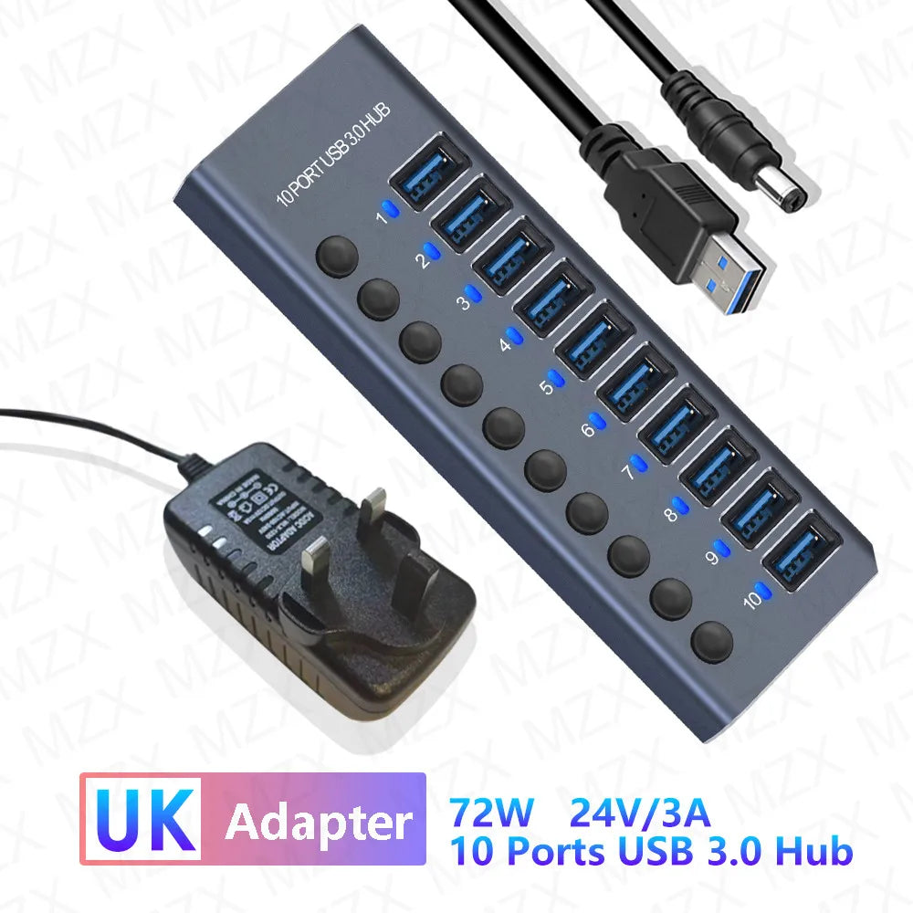 MZX USB A 3.0 Hub Aluminum Multi Ports Splitter Concentrator Quick PD Charger Power Adapter C Multiple Expander Hubs With Switch
