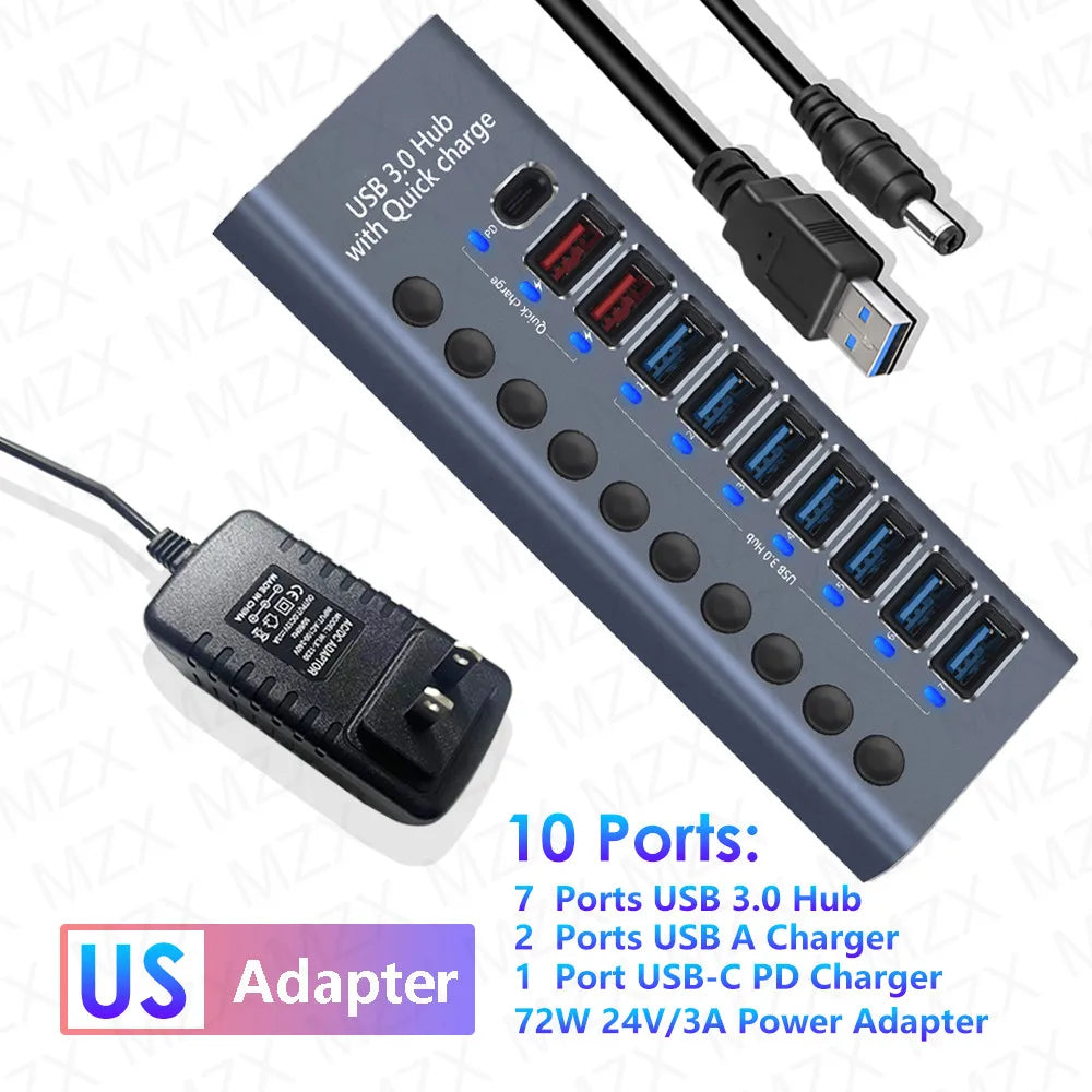 MZX USB A 3.0 Hub Aluminum Multi Ports Splitter Concentrator Quick PD Charger Power Adapter C Multiple Expander Hubs With Switch