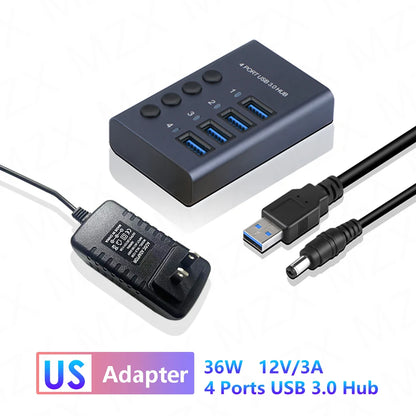 MZX USB A 3.0 Hub Aluminum Multi Ports Splitter Concentrator Quick PD Charger Power Adapter C Multiple Expander Hubs With Switch