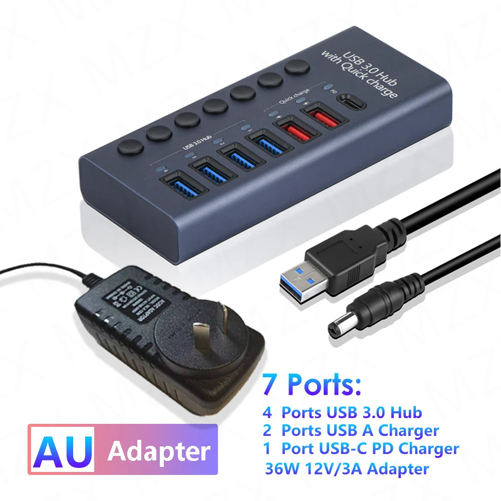 MZX USB A 3.0 Hub Aluminum Multi Ports Splitter Concentrator Quick PD Charger Power Adapter C Multiple Expander Hubs With Switch