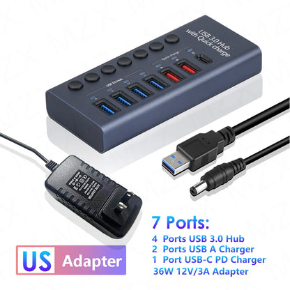 MZX USB A 3.0 Hub Aluminum Multi Ports Splitter Concentrator Quick PD Charger Power Adapter C Multiple Expander Hubs With Switch