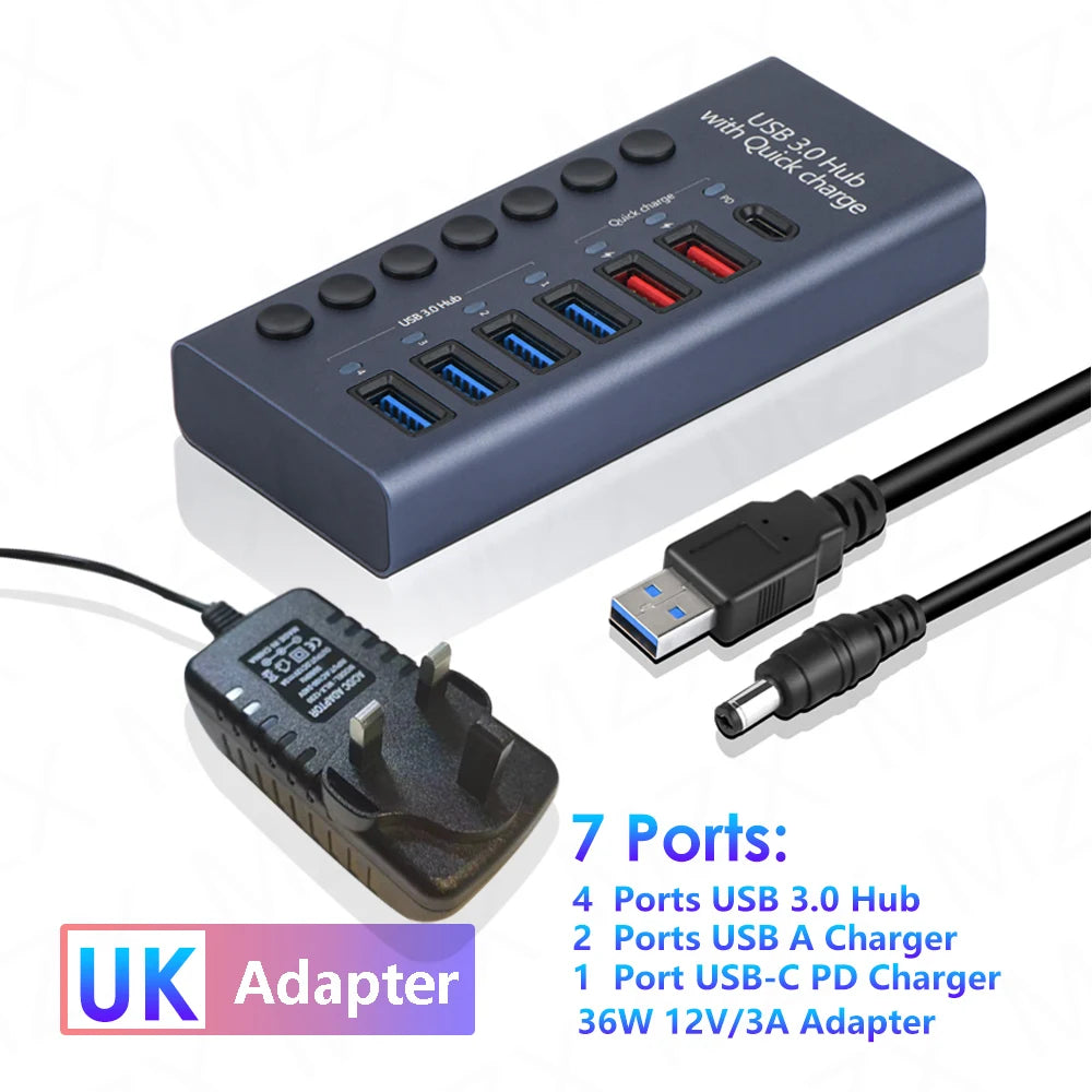 MZX USB A 3.0 Hub Aluminum Multi Ports Splitter Concentrator Quick PD Charger Power Adapter C Multiple Expander Hubs With Switch