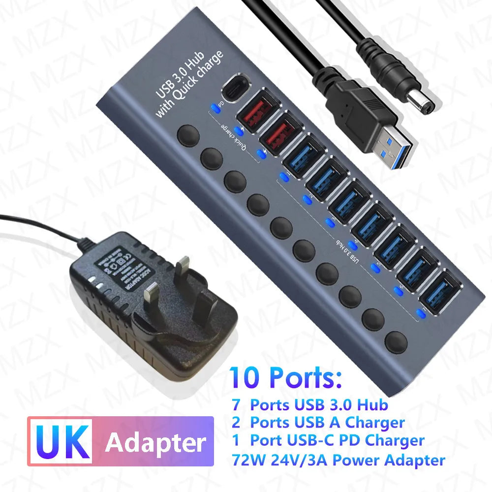 MZX USB A 3.0 Hub Aluminum Multi Ports Splitter Concentrator Quick PD Charger Power Adapter C Multiple Expander Hubs With Switch